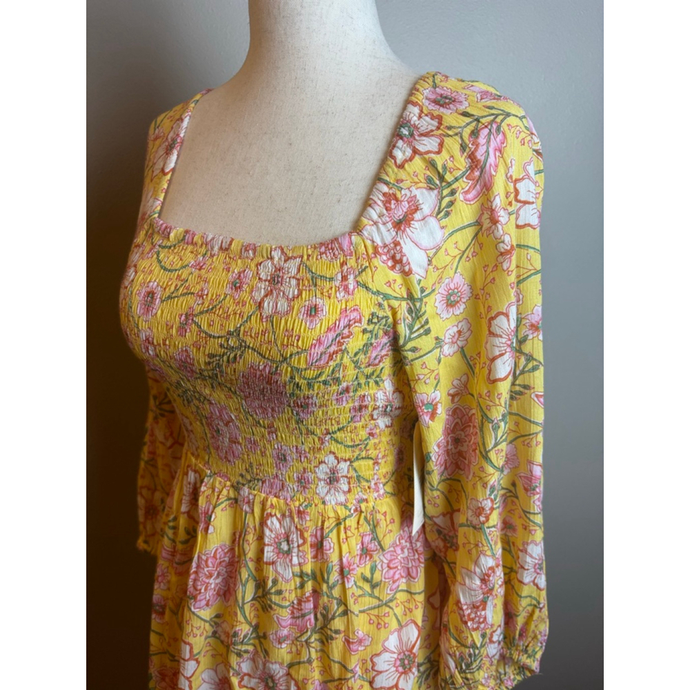 Billabong Mini Dress S Yellow Pink Floral Smocked NWT boho surf beach - Picture 2 of 8